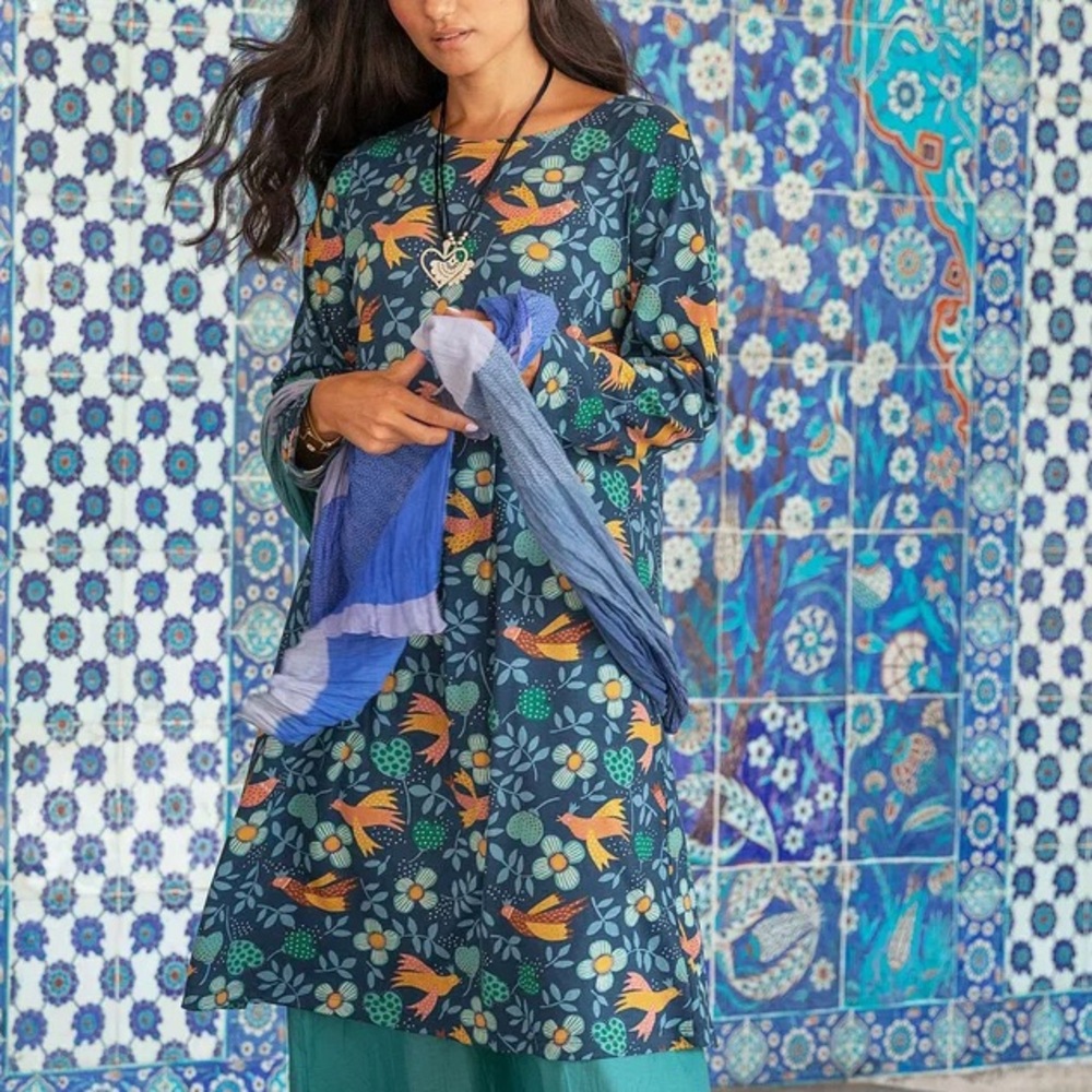 Gudrun Sjoden Vadi Jersey Dress Bird Floral Print Indigo Blue NWT